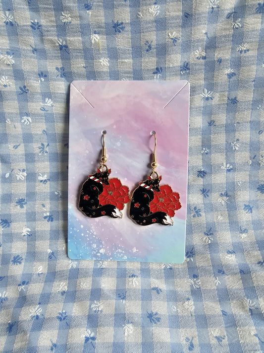 Japanese Flower Fox Red And Black Earrings